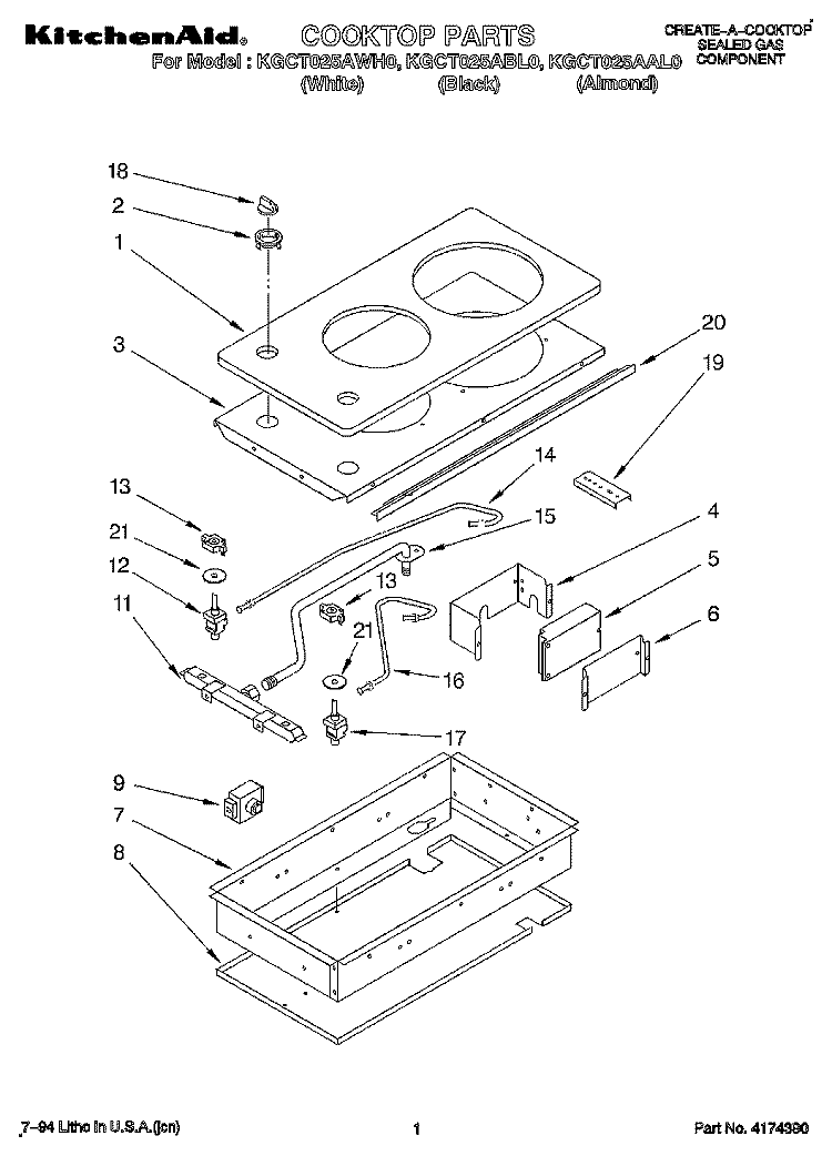 SECTION Diagram and Parts List for KGCT025AWH0  KitchenAid Cooktop