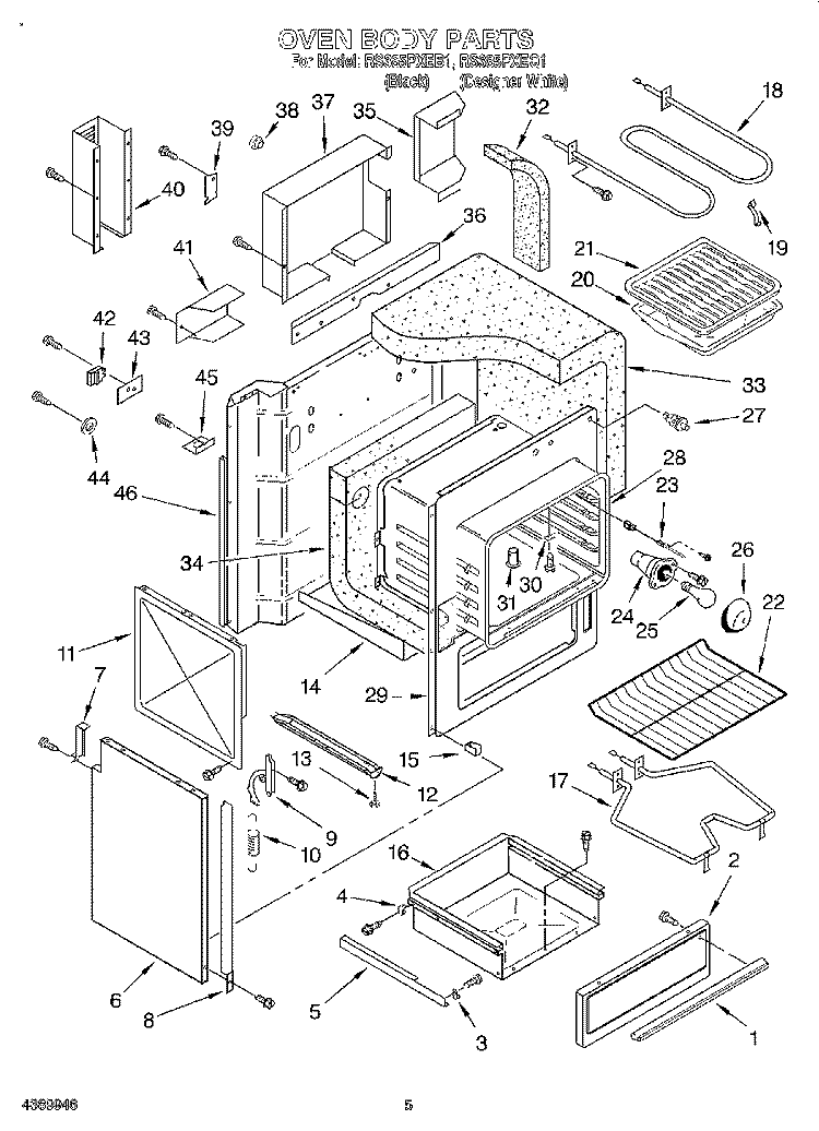 OVEN BODY Diagram and Parts List for RS385PXEQ1  Whirlpool Range