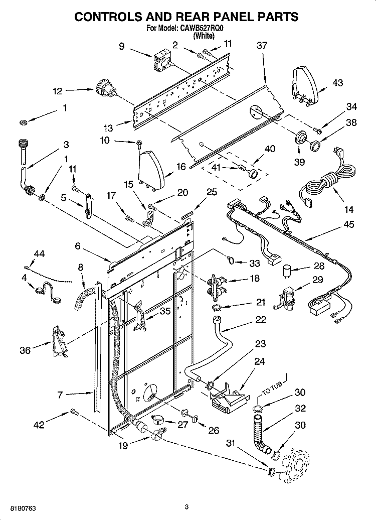 CONTROL AND REAR PANEL PARTS Diagram and Parts List for CAWB527RQ0  Crosley Washer