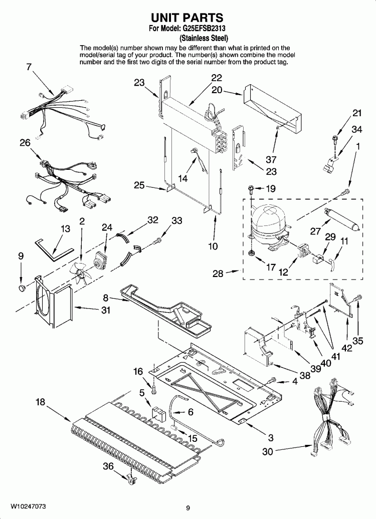 UNIT PARTS Diagram and Parts List for G25EFSB2313  Whirlpool Refrigerator