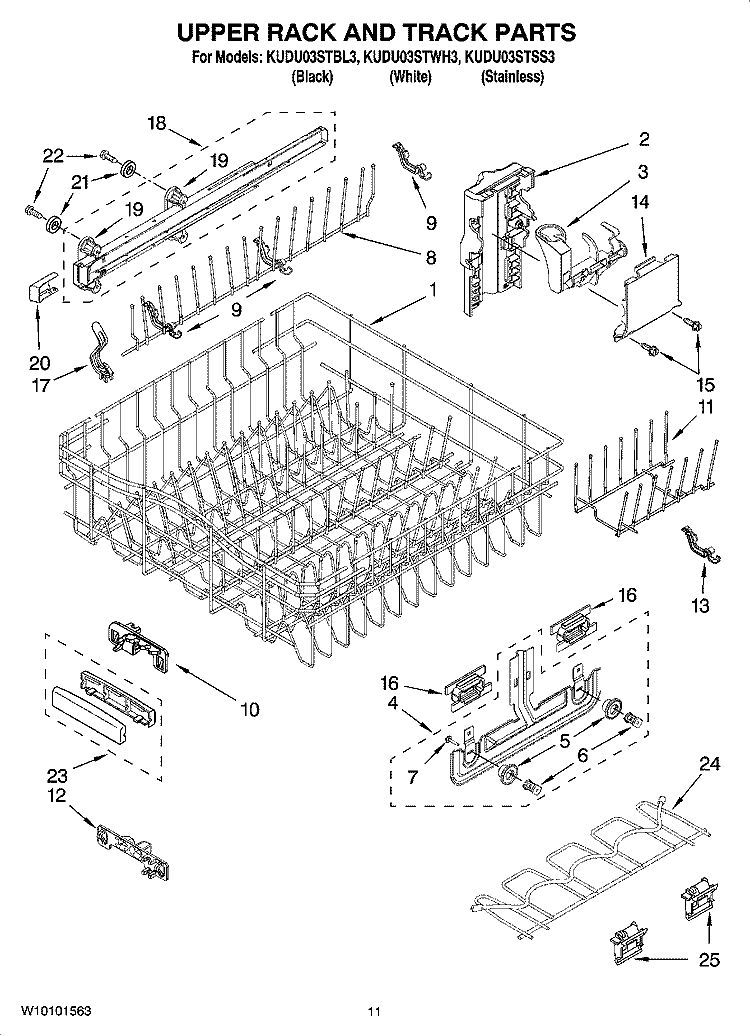 UPPER RACK AND TRACK PARTS Diagram and Parts List for KUDU03STBL3  KitchenAid Dishwasher
