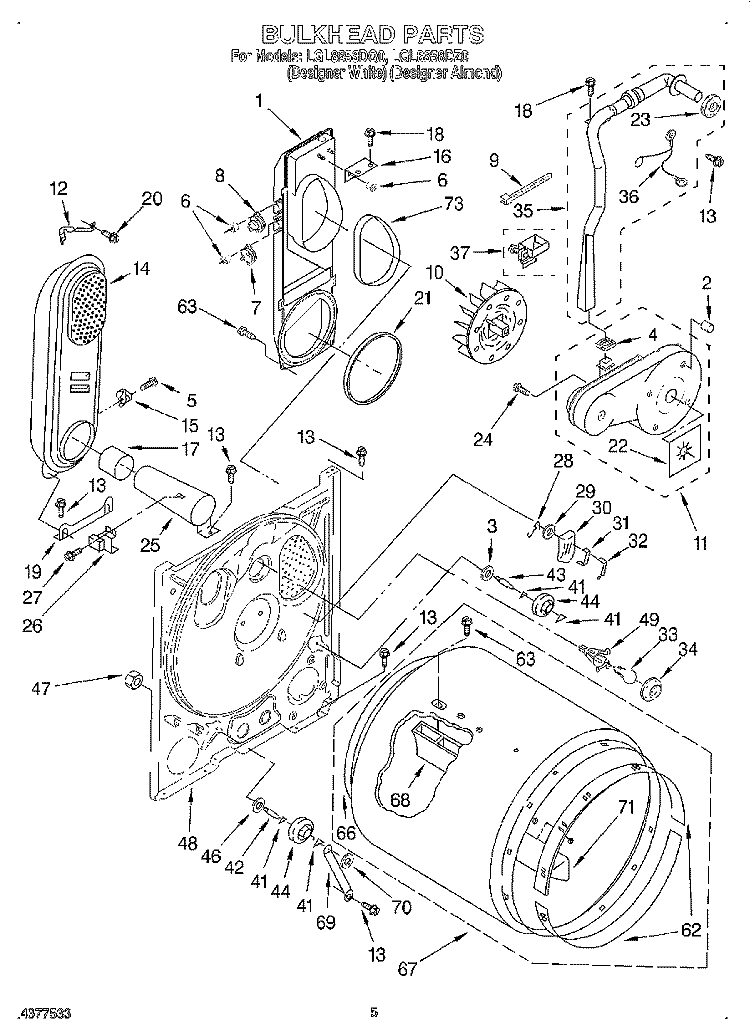 BULKHEAD Diagram and Parts List for LGL8858DQ0  Whirlpool Dryer