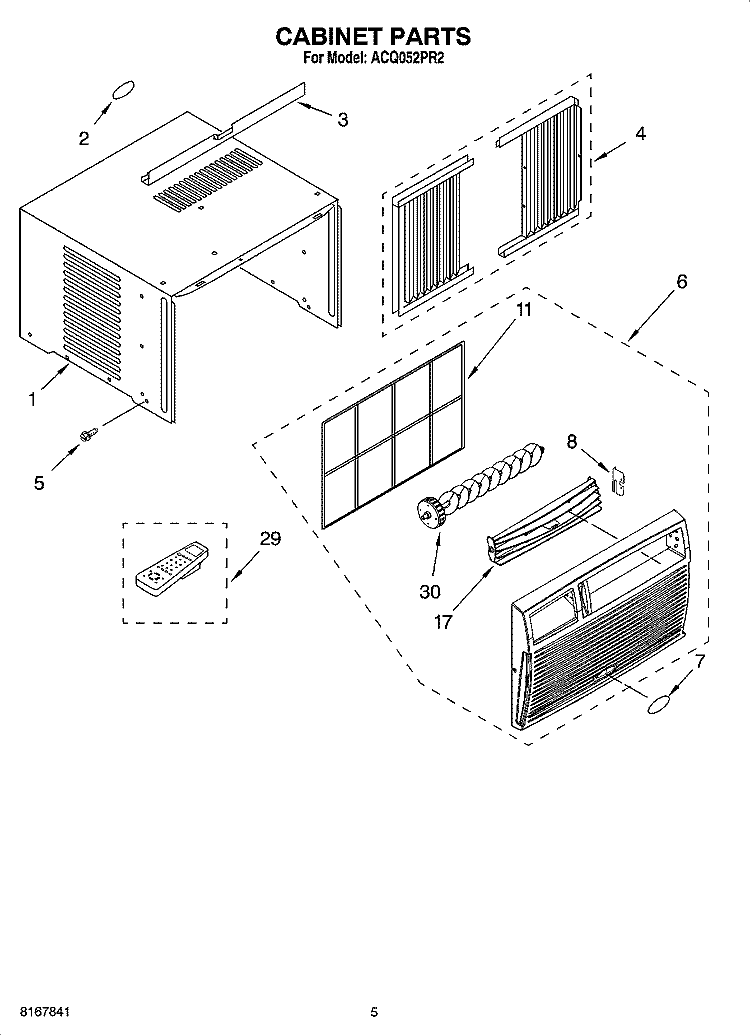 CABINET PARTS Diagram and Parts List for ACQ052PR2  Whirlpool Air Conditioner