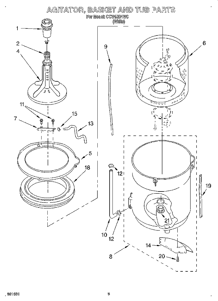 AGITATOR, BASKET AND TUB Diagram and Parts List for CCW5294W0  Whirlpool Washer