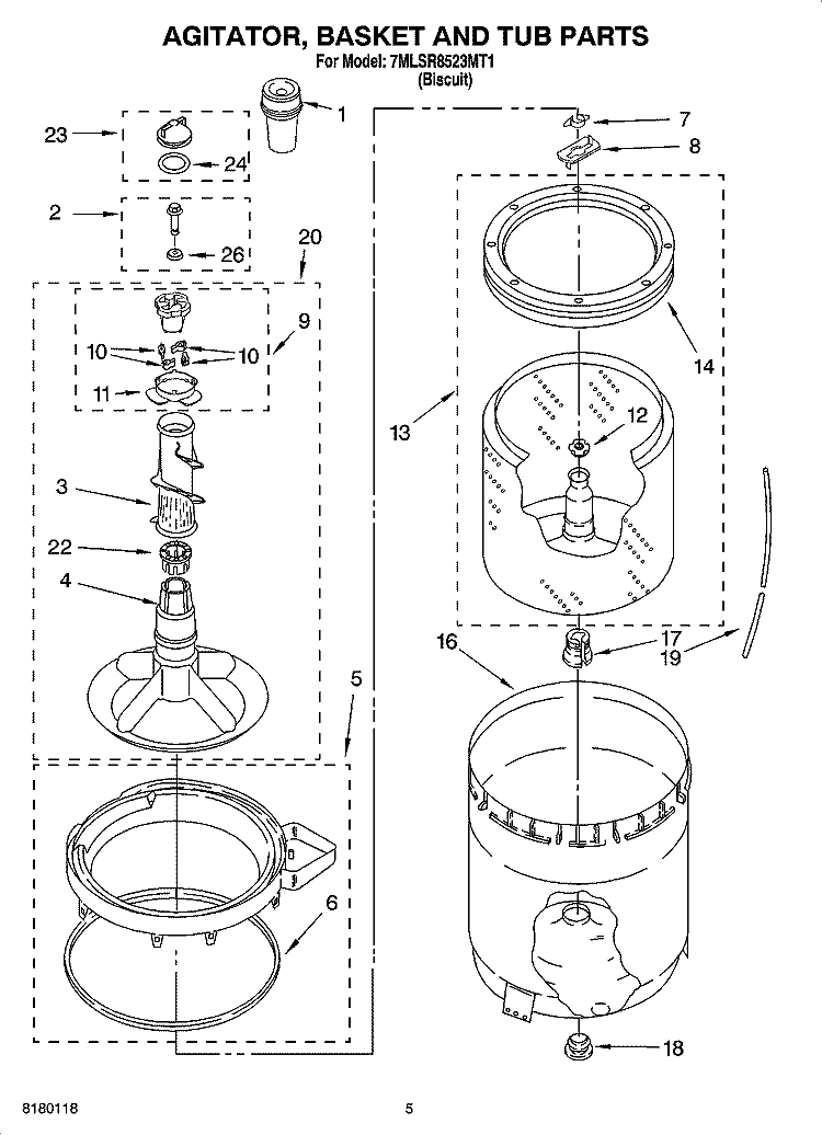 AGITATOR, BASKET AND TUB PARTS Diagram and Parts List for 7MLSR8523MT1  Whirlpool Washer