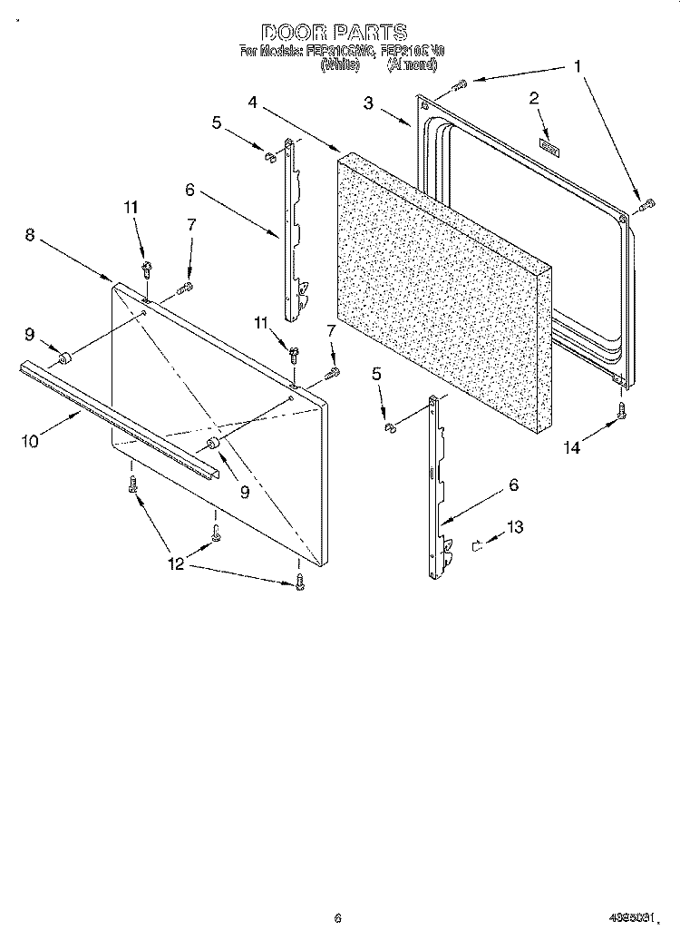 DOOR, LIT/OPTIONAL Diagram and Parts List for FEP310GW0  Roper Range