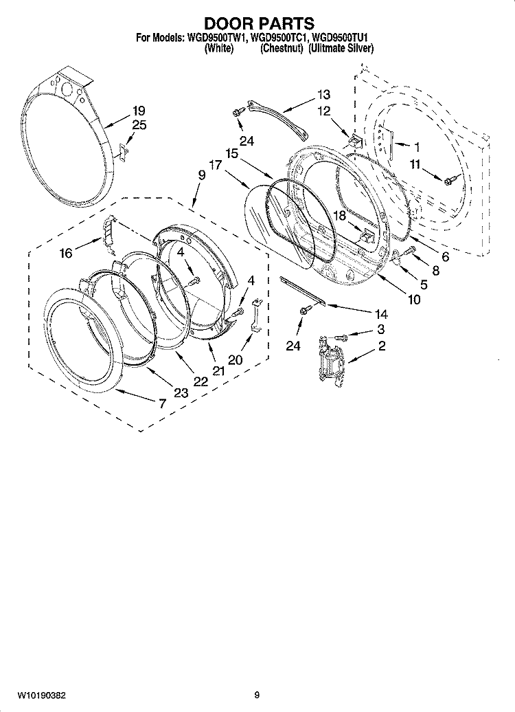 DOOR PARTS, OPTIONAL PARTS (NOT INCLUDED) Diagram and Parts List for WGD9500TC1  Whirlpool Dryer