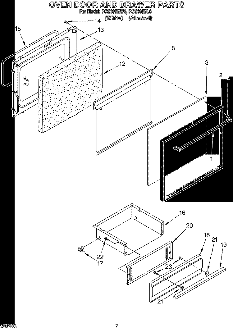 OVEN DOOR AND DRAWER Diagram and Parts List for FGS385BL0  Roper Range