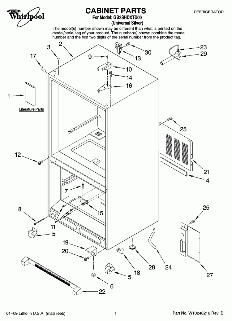 CABINET PARTS Diagram and Parts List for GB2SHDXTD00  Whirlpool Refrigerator