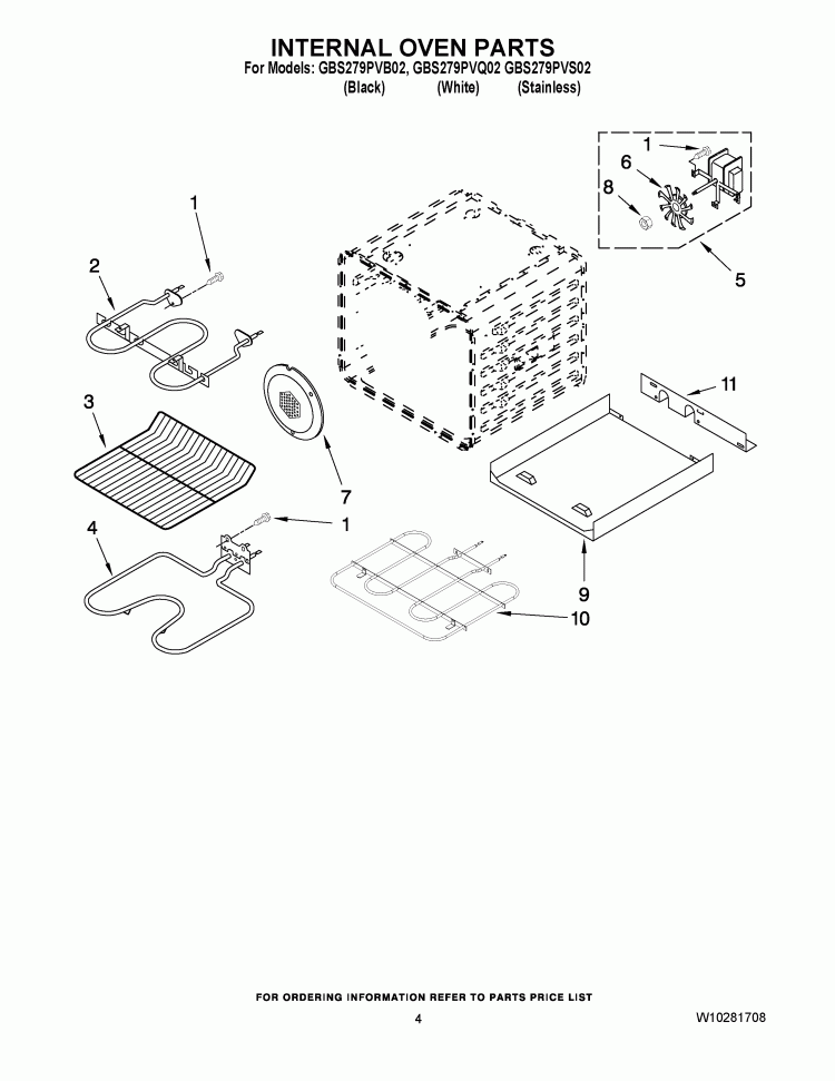 INTERNAL OVEN PARTS Diagram and Parts List for GBS279PVB02  Whirlpool Wall Oven