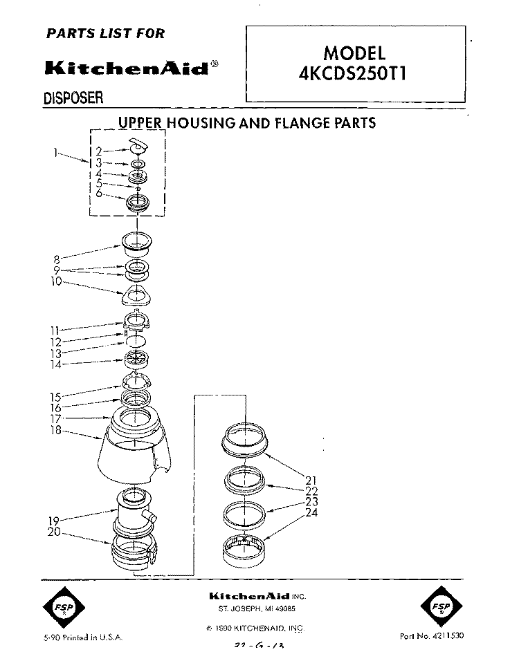 SECTION Diagram and Parts List for 4KCDS250T1  KitchenAid Food Waste Disposer