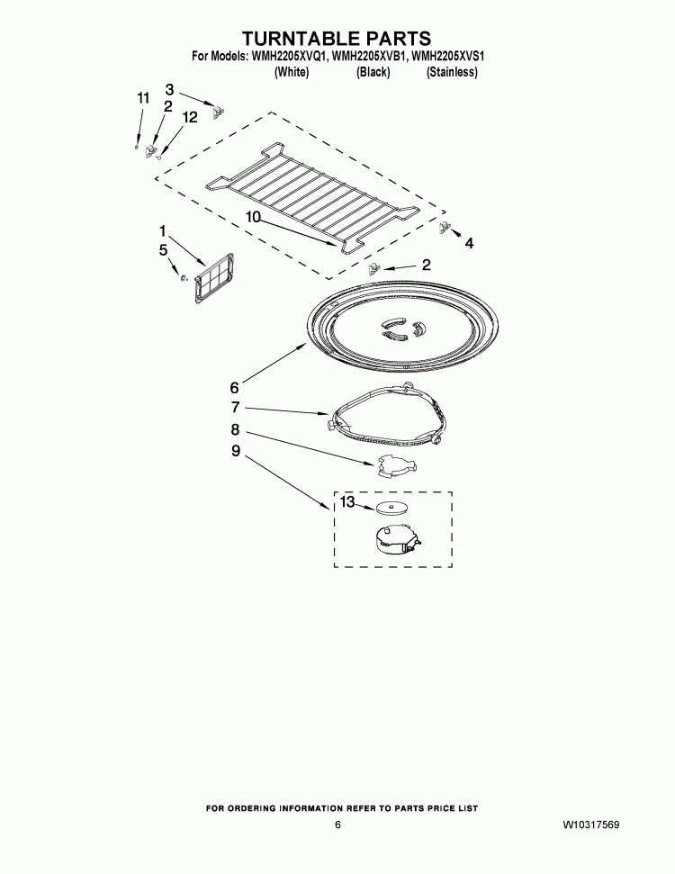 TURNTABLE PARTS Diagram and Parts List for WMH2205XVS1  Whirlpool Microwave