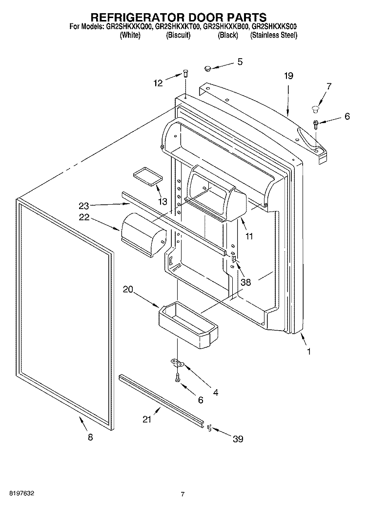 REFRIGERATOR DOOR Diagram and Parts List for GR2SHKXKQ00  Whirlpool Refrigerator