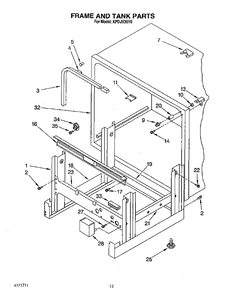 FRAME AND TANK Diagram and Parts List for KPDJ630Y0  KitchenAid Dishwasher