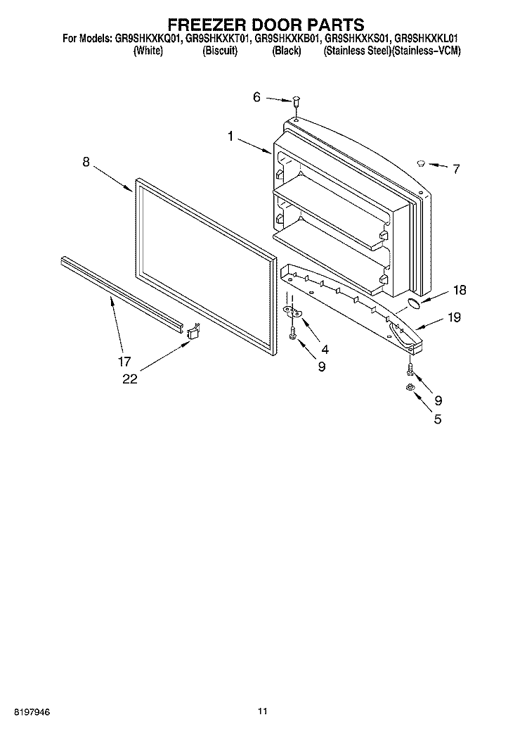 FREEZER DOOR, OPTIONAL Diagram and Parts List for GR9SHKXKT01  Whirlpool Refrigerator