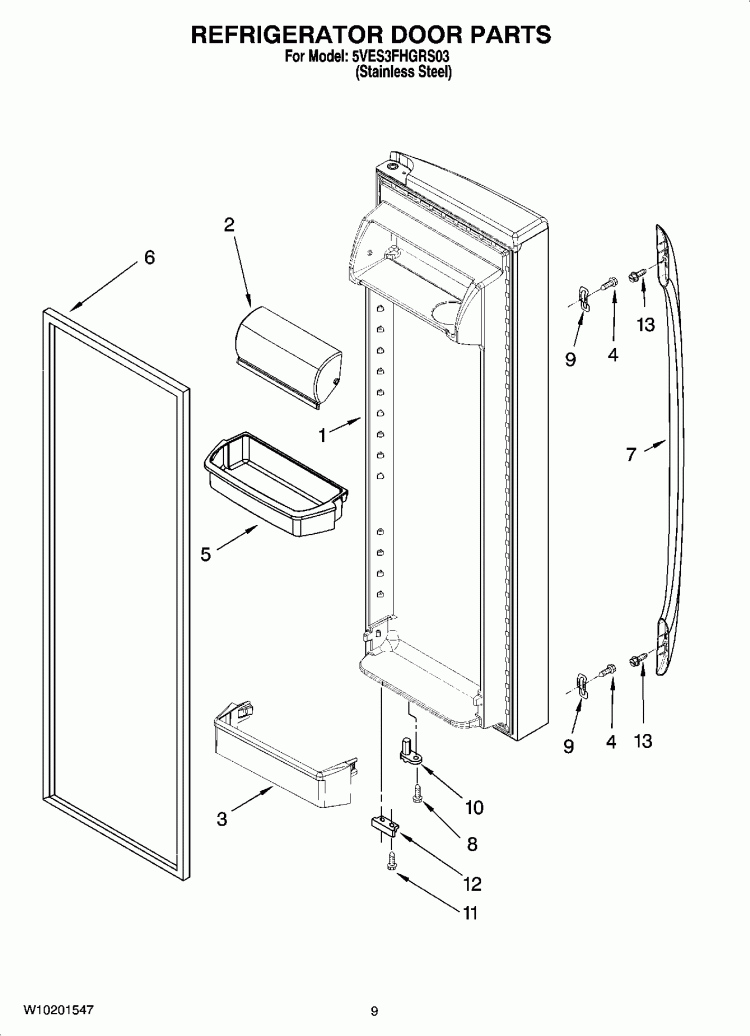 REFRIGERATOR DOOR PARTS Diagram and Parts List for 5VES3FHGRS03  Whirlpool Refrigerator
