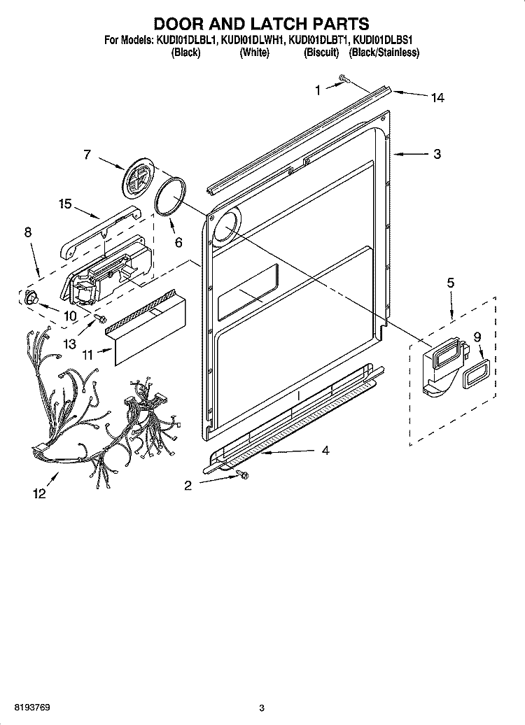 DOOR AND LATCH PARTS Diagram and Parts List for KUDI01DLBT1  KitchenAid Dishwasher