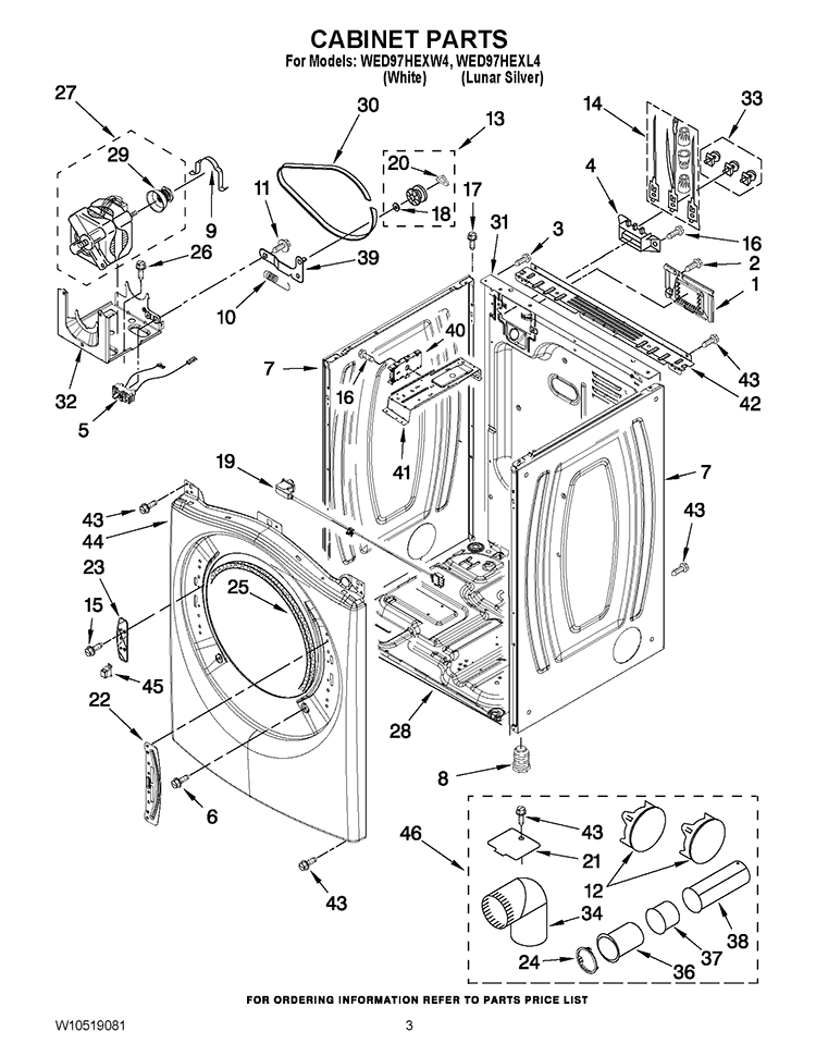 CABINET PARTS Diagram and Parts List for WED97HEXL4  Whirlpool Dryer