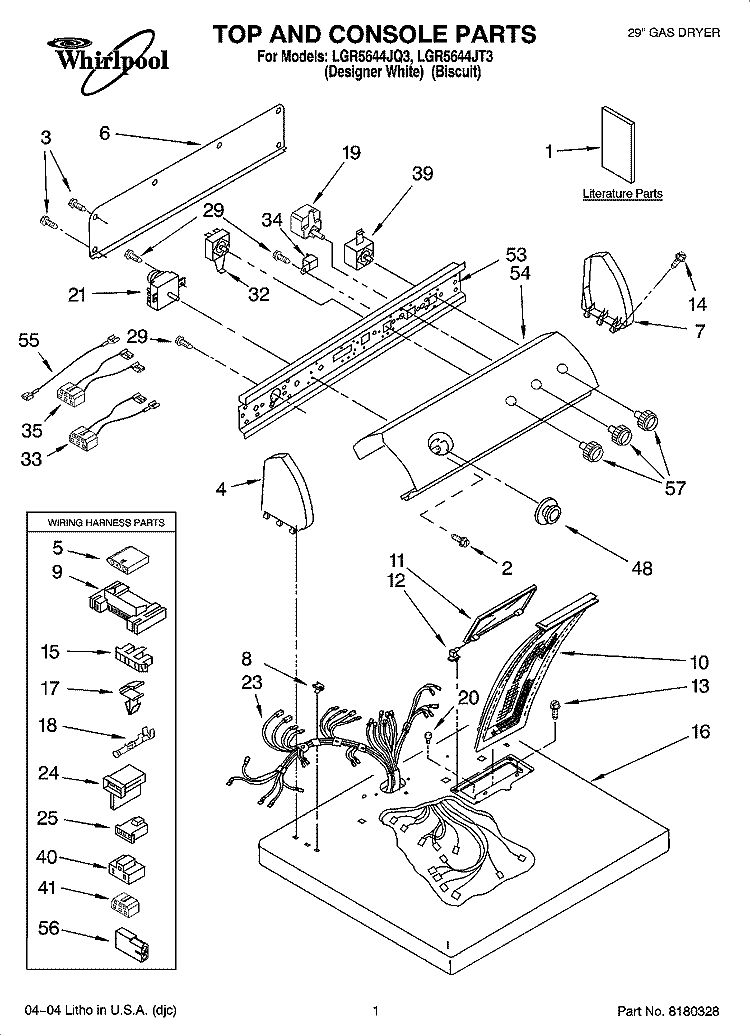 TOP AND CONSOLE PARTS Diagram and Parts List for LGR5644JT3  Whirlpool Dryer