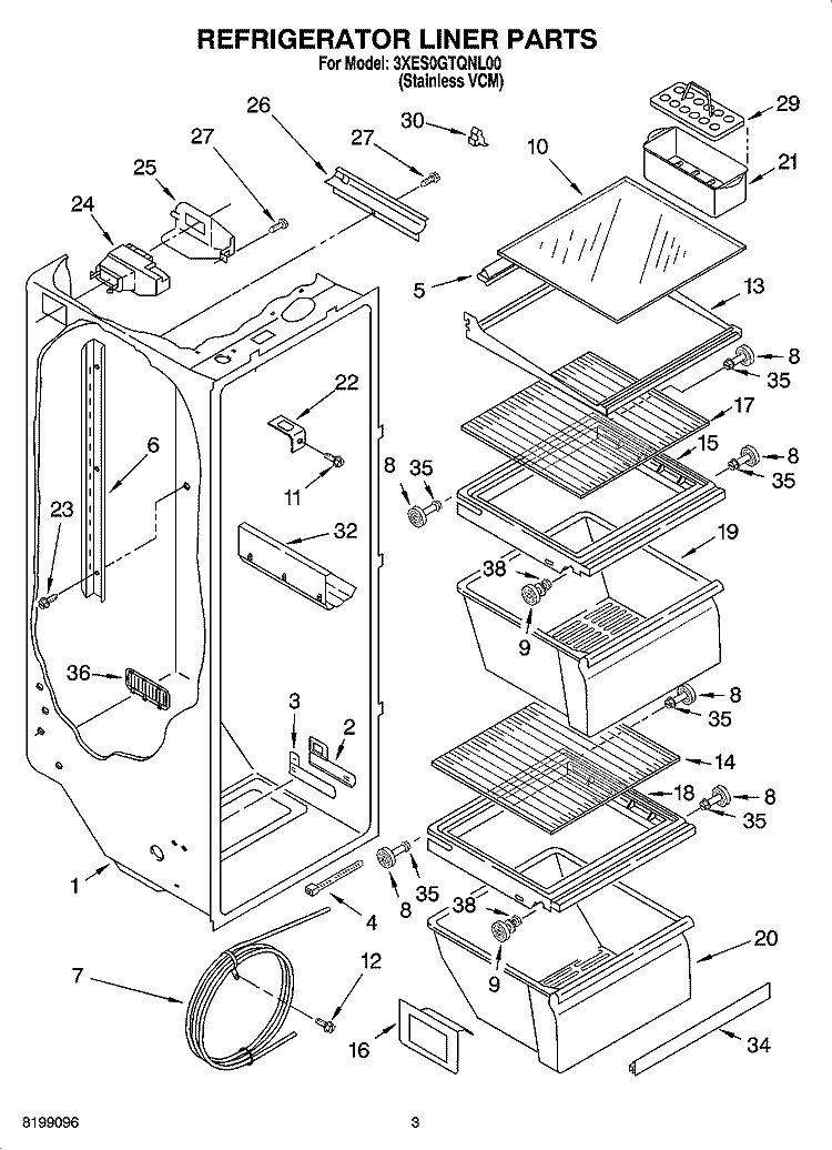 REFRIGERATOR LINER PARTS Diagram and Parts List for 3XES0GTQNL00  Whirlpool Refrigerator