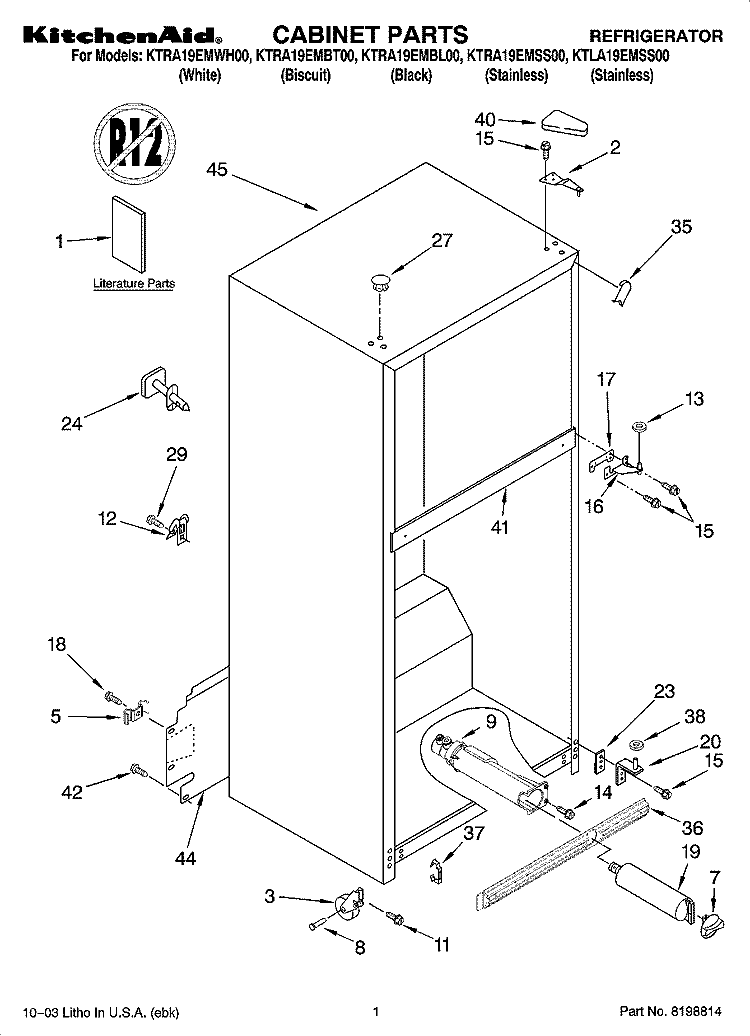 CABINET PARTS Diagram and Parts List for KTRA19EMBL00  KitchenAid Refrigerator