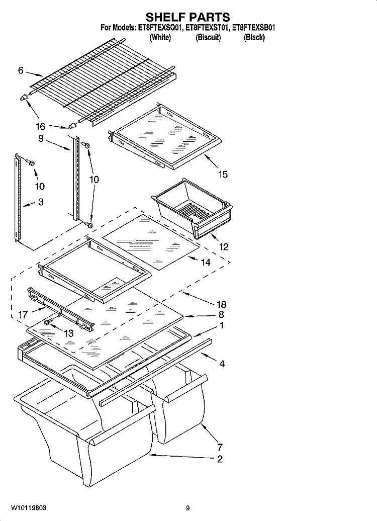 SHELF PARTS, OPTIONAL PARTS Diagram and Parts List for ET8FTEXSQ01  Whirlpool Refrigerator