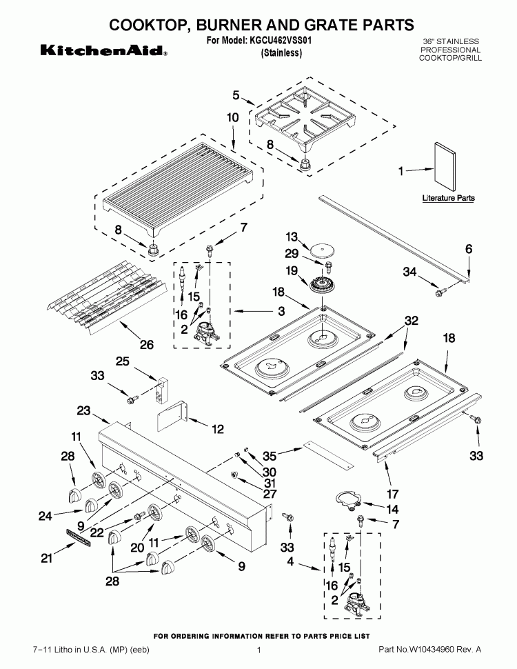 COOKTOP, BURNER AND GRATE PARTS Diagram and Parts List for KGCU462VSS01  KitchenAid Cooktop