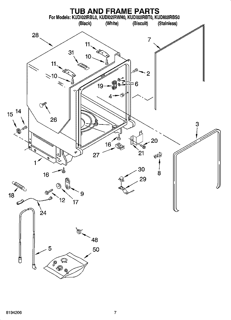 TUB AND FRAME PARTS Diagram and Parts List for KUDI02IRBT0  KitchenAid Dishwasher