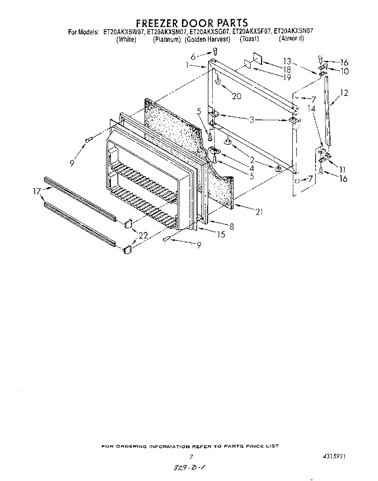 FREEZER DOOR Diagram and Parts List for ET20AKXSW07  Whirlpool Refrigerator