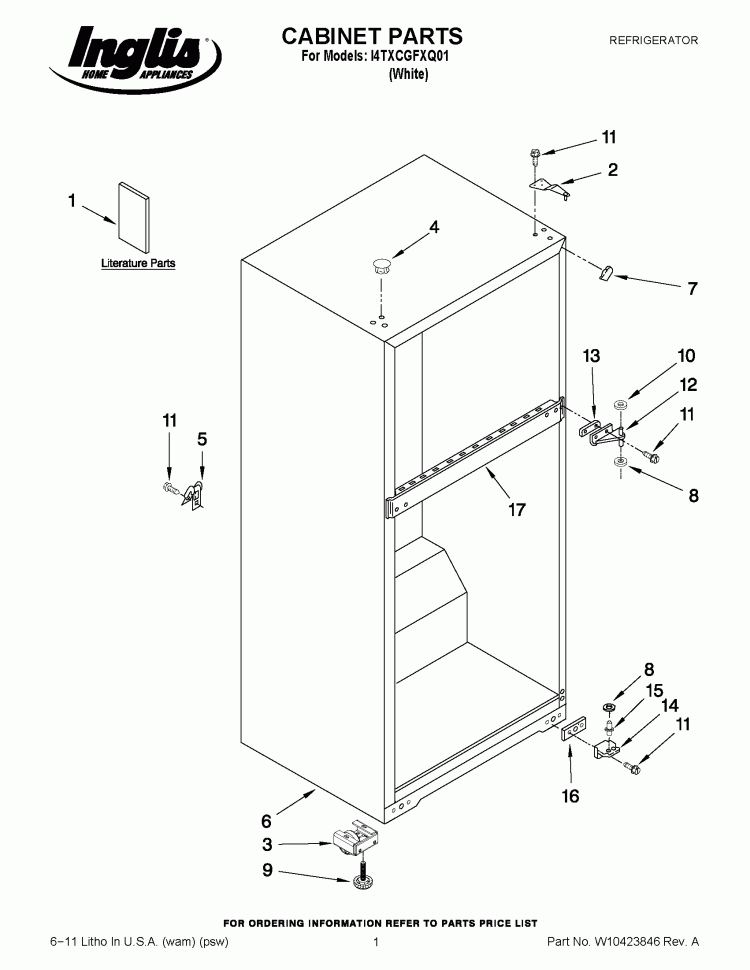 CABINET PARTS Diagram and Parts List for I4TXCGFXQ01  Inglis Refrigerator