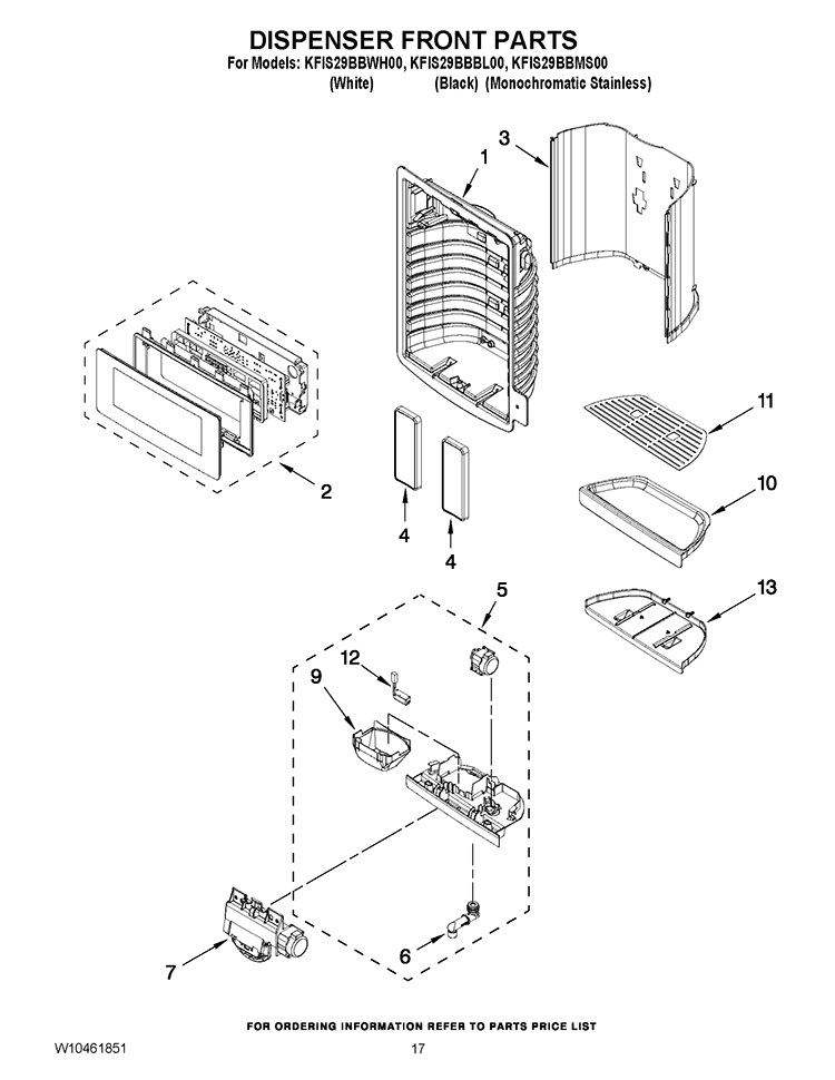DISPENSER FRONT PARTS Diagram and Parts List for KFIS29BBBL00  KitchenAid Refrigerator