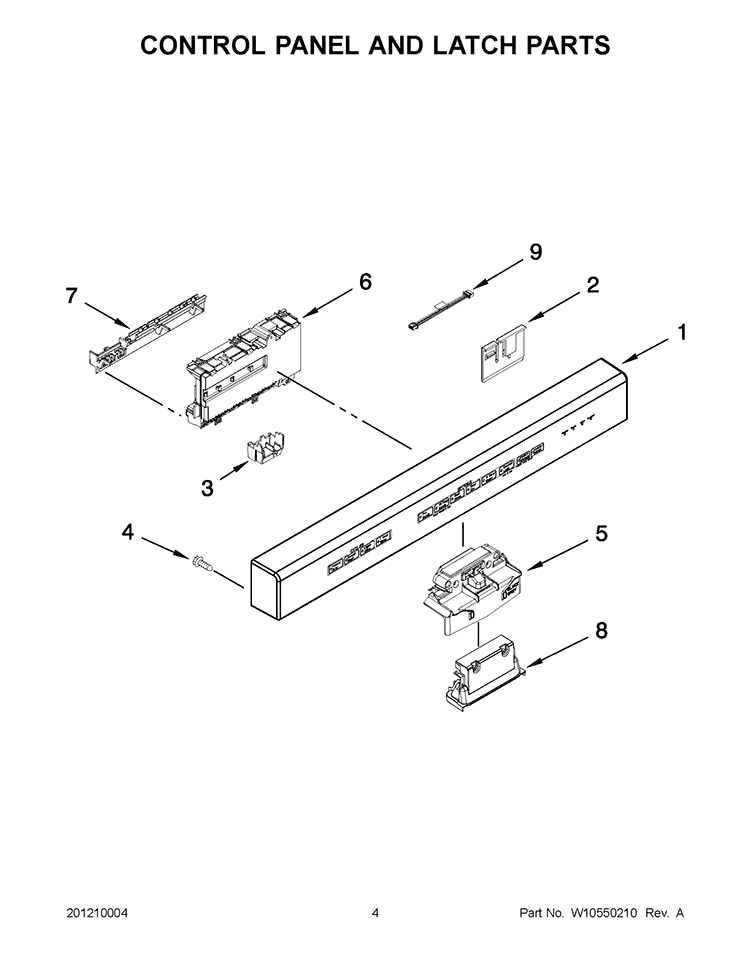 CONTROL PANEL AND LATCH PARTS Diagram and Parts List for KUDS30IBBT1  KitchenAid Dishwasher