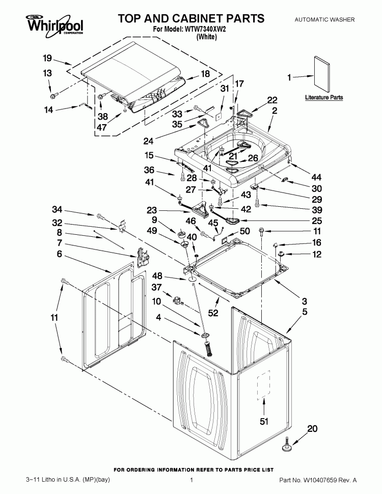 TOP AND CABINET PARTS Diagram and Parts List for WTW7340XW2  Whirlpool Washer