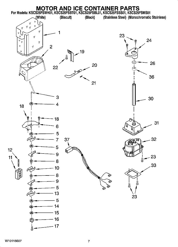 MOTOR AND ICE CONTAINER PARTS Diagram and Parts List for KSCS25FSMS01  KitchenAid Refrigerator