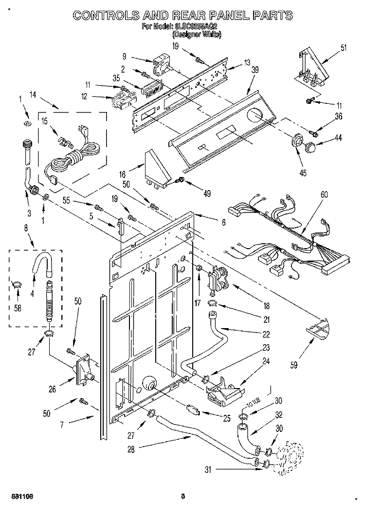 CONTROLS AND REAR PANEL Diagram and Parts List for 6LSC9255AQ2  Whirlpool Washer