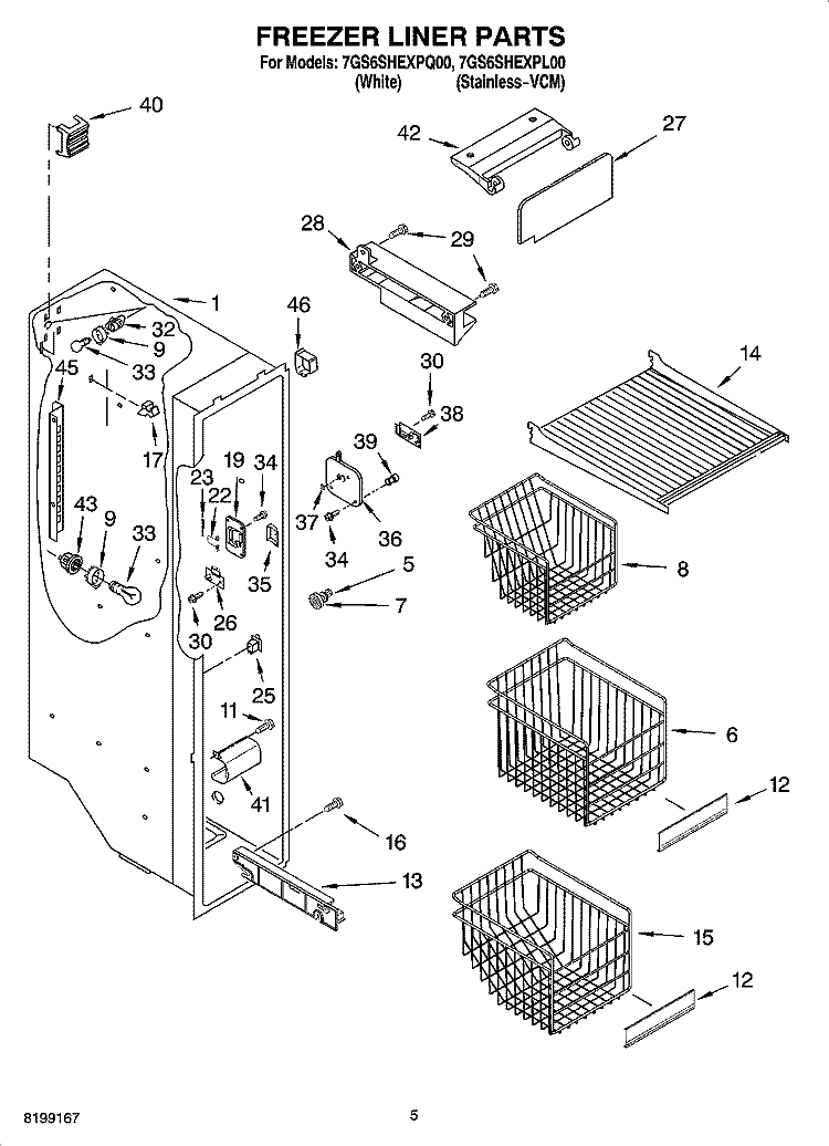 FREEZER LINER PARTS Diagram and Parts List for 7GS6SHEXPQ00  Whirlpool Refrigerator