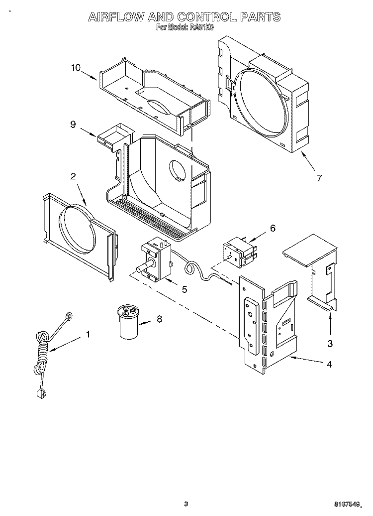 AIR FLOW AND CONTROL Diagram and Parts List for RA51K0  Whirlpool Air Conditioner