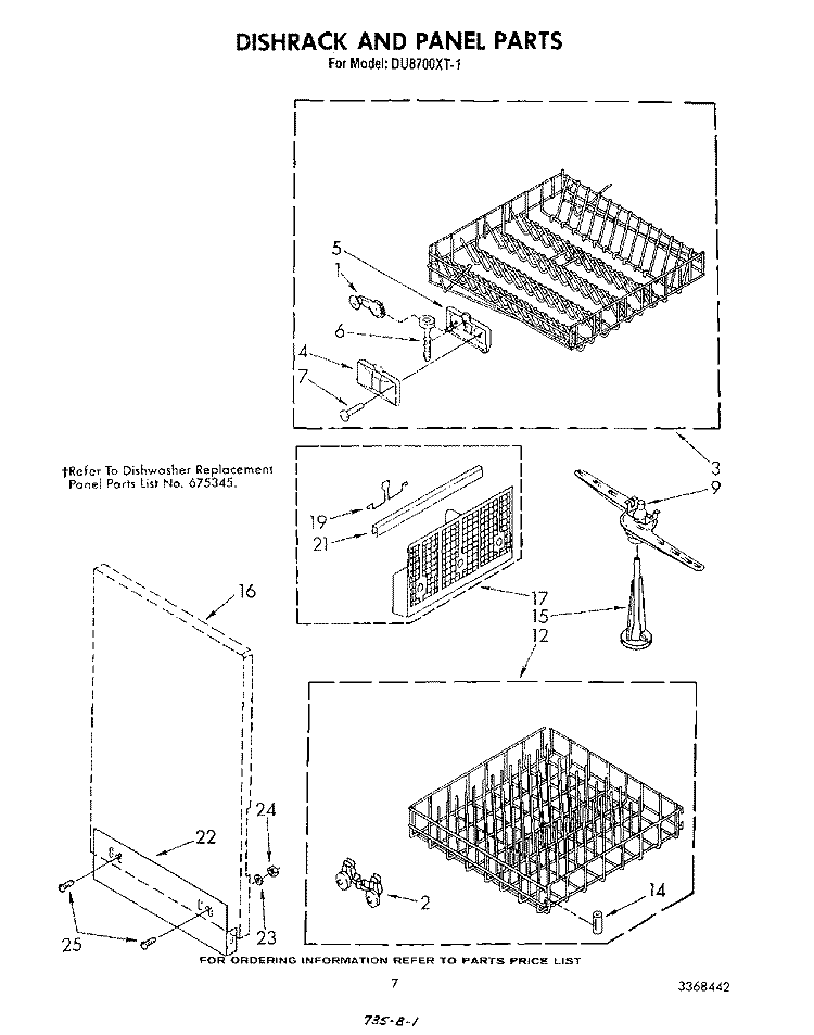 DISHRACK AND PANEL Diagram and Parts List for DU8700XT1  Whirlpool Dishwasher