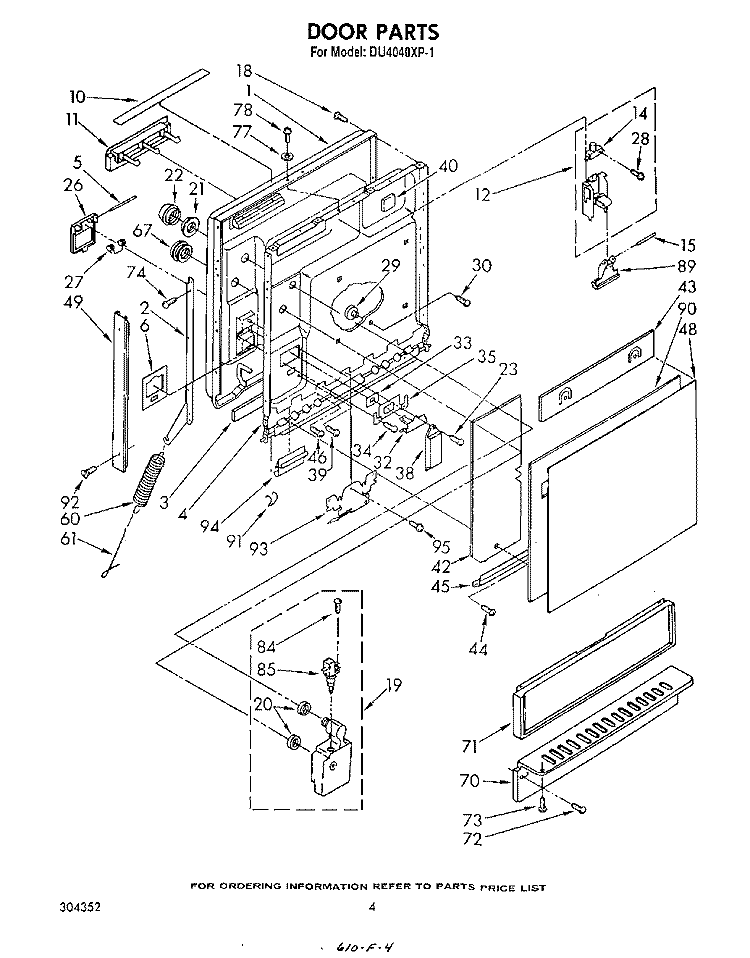 DOOR Diagram and Parts List for DU4040XP1  Whirlpool Dishwasher