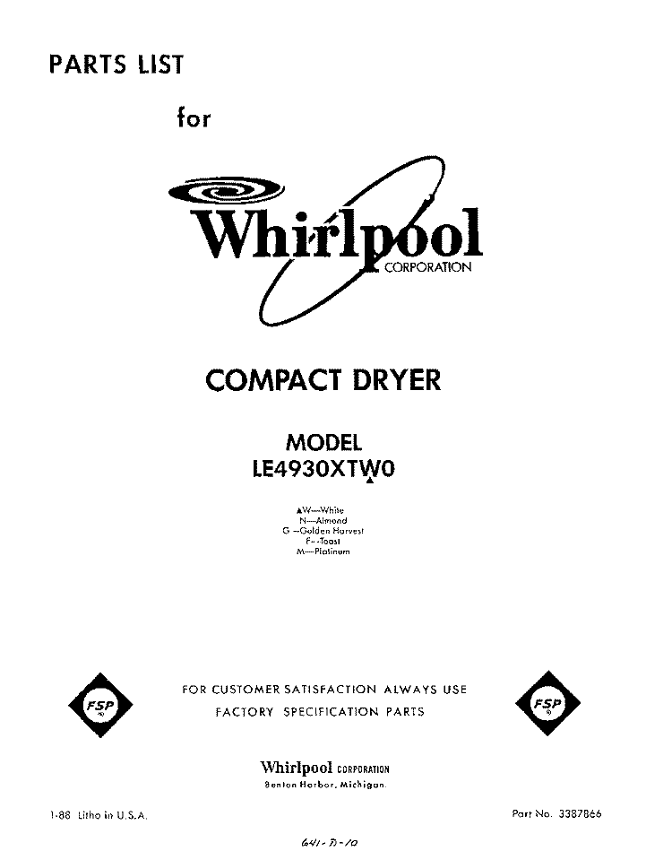SECTION Diagram and Parts List for LE4930XTF0  Whirlpool Dryer