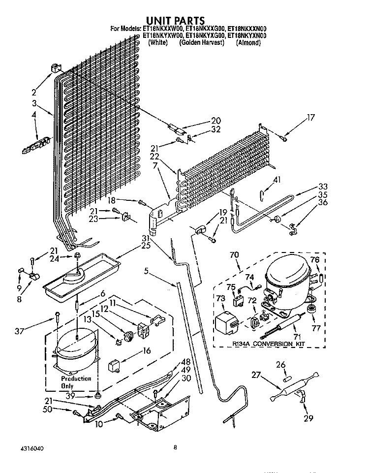 UNIT Diagram and Parts List for ET18NKXXG00  Whirlpool Refrigerator