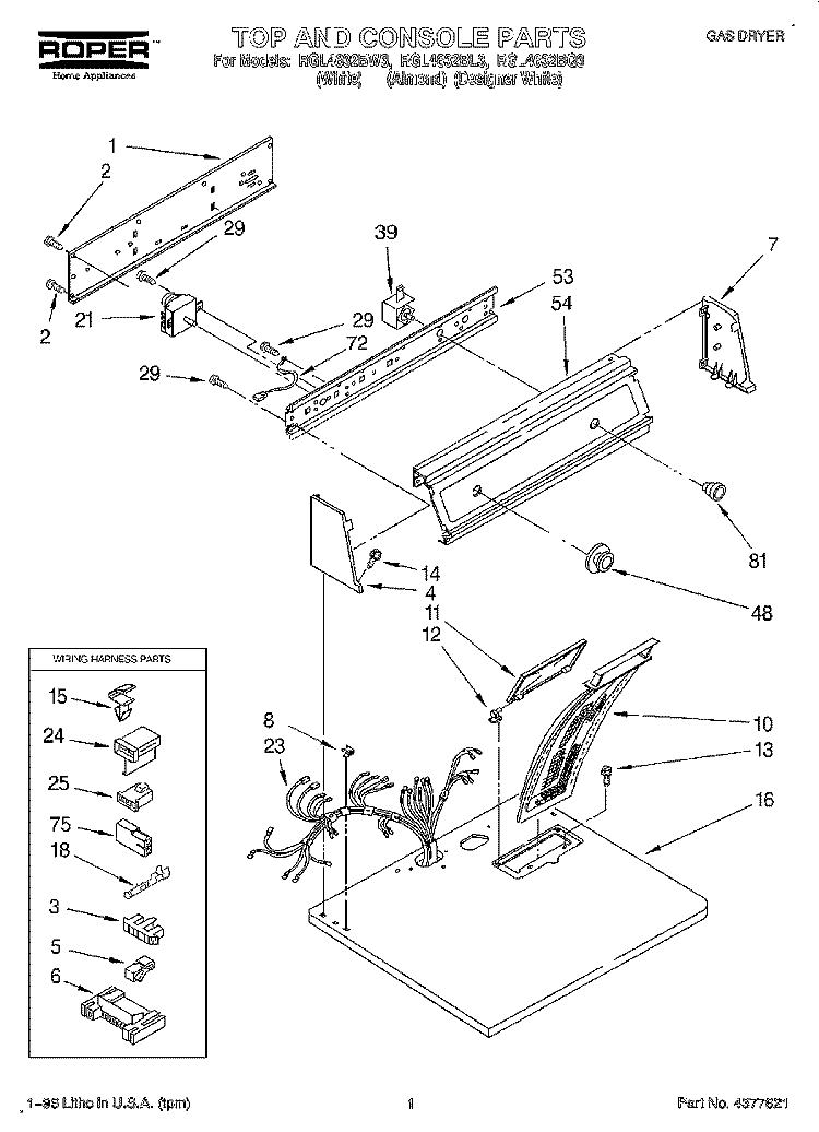 TOP AND CONSOLE, LIT/OPTIONAL Diagram and Parts List for RGL4632BL3  Roper Dryer