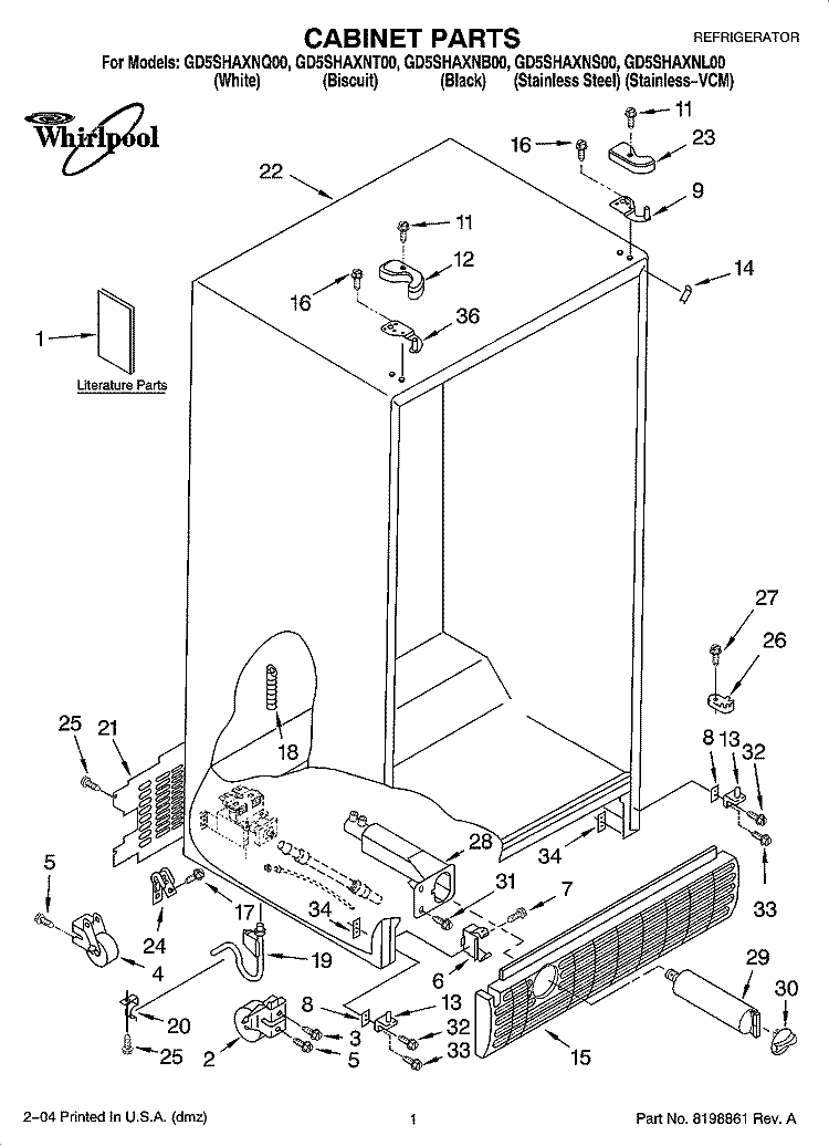 CABINET PARTS Diagram and Parts List for GD5SHAXNS00  Whirlpool Refrigerator