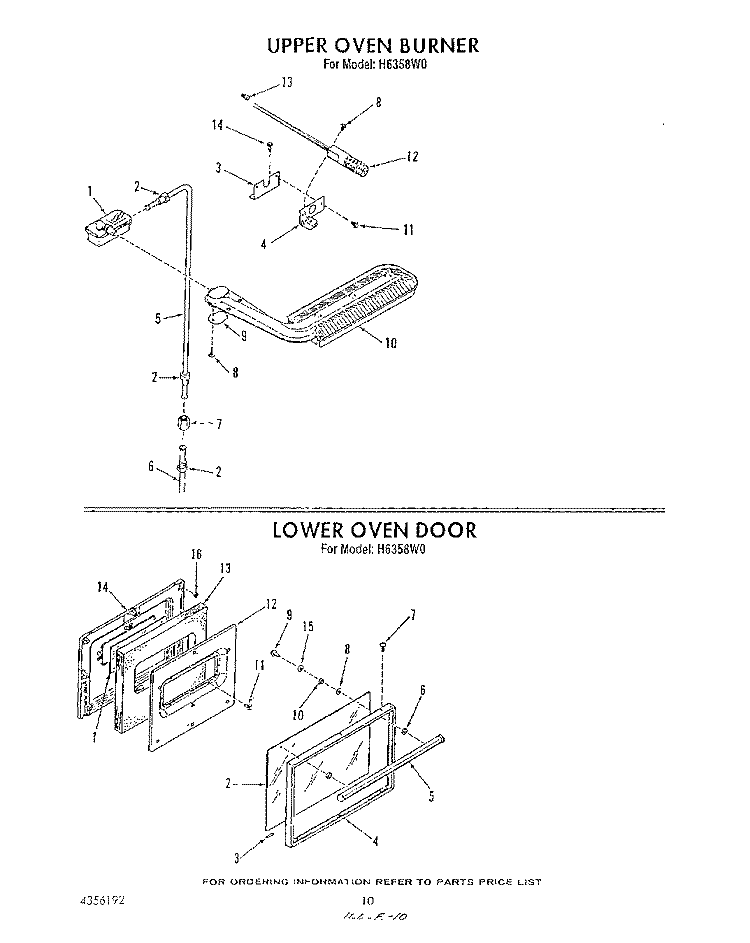 UPPER OVEN BURNER/LOWER OVEN DOOR Diagram and Parts List for H6358L0  Roper Range