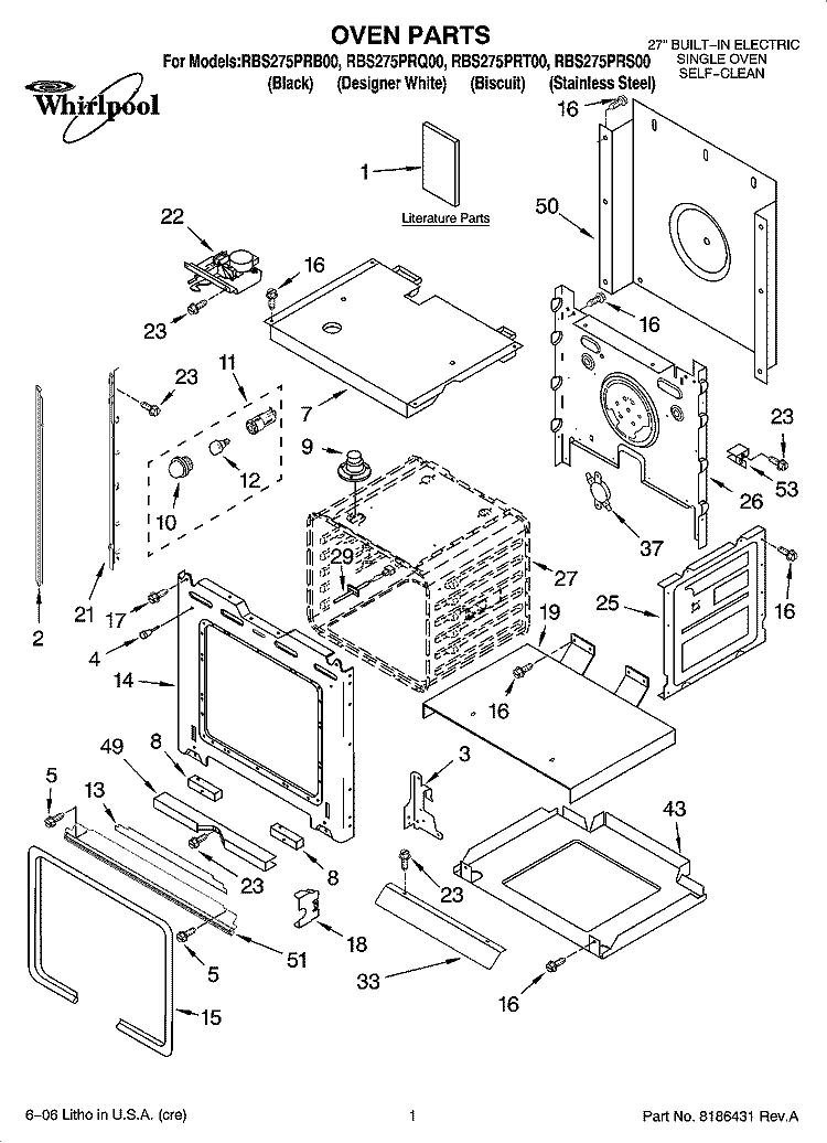 OVEN PARTS Diagram and Parts List for RBS275PRB00  Whirlpool Wall Oven