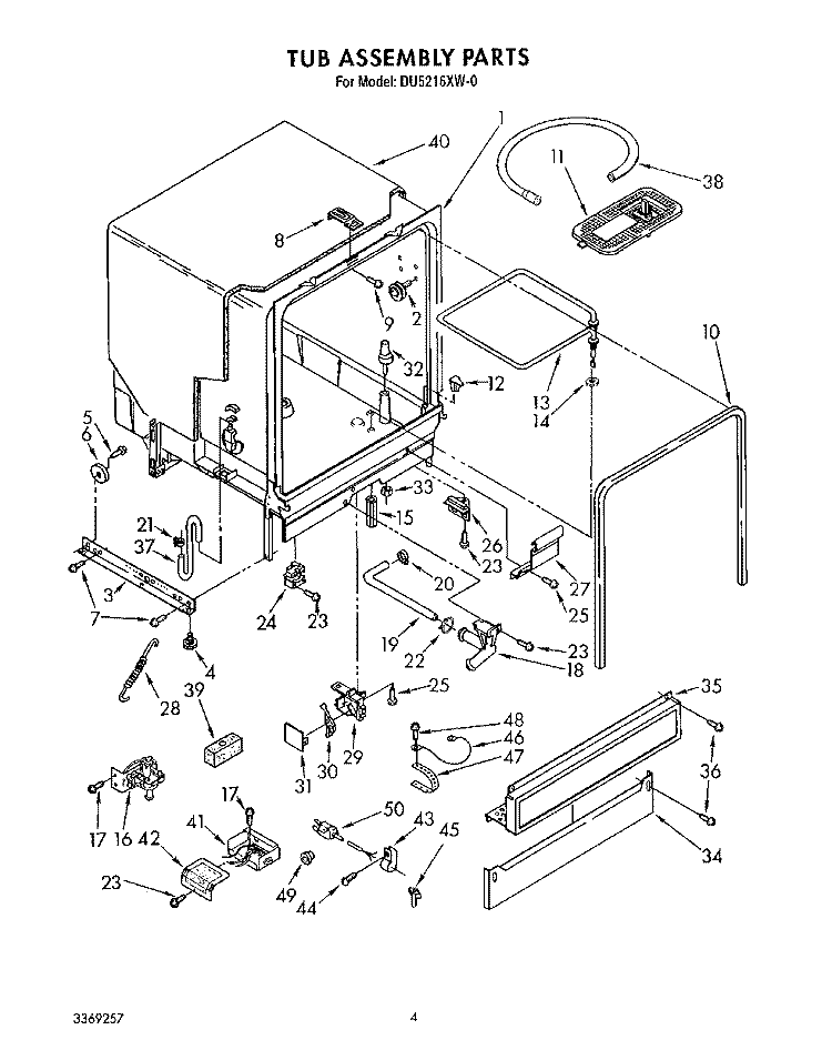 TUB ASSEMBLY Diagram and Parts List for DU5216XW0  Whirlpool Dishwasher