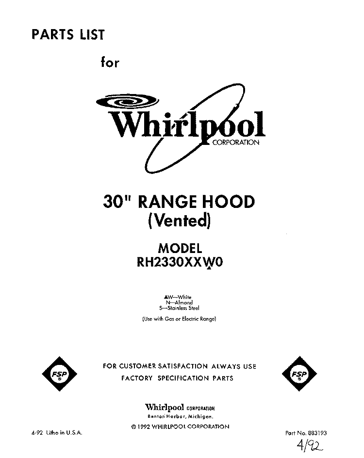 SECTION Diagram and Parts List for RH2330XXS0  Whirlpool Range Hood