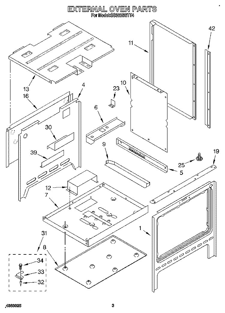 EXTERNAL OVEN Diagram and Parts List for SS363BETT4  Whirlpool Range