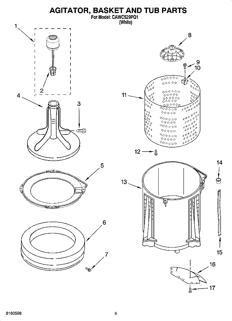 AGITATOR, BASKET AND TUB PARTS Diagram and Parts List for CAWC529PQ1  Crosley Washer