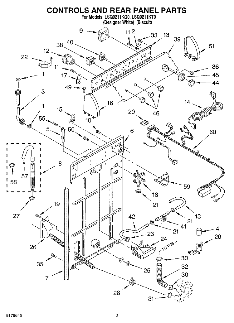 CONTROLS AND REAR PANEL Diagram and Parts List for LSQ9211KT0  Whirlpool Washer